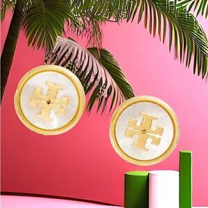TORY BURCH MOTHER OF PEARL STUD EARRINGS IN ANTIQUE GOLD